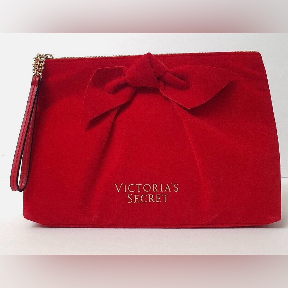 Victoria's Secret Makeup Cosmetic Bag RED Wristlet Velvet Bow Gold Zip